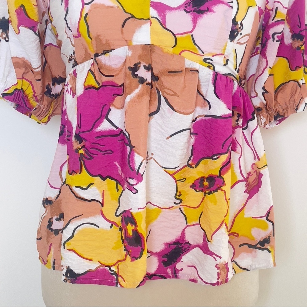 Nine West Floral Puff Sleeve Peplum Blouse Size XS - Picture 5 of 11